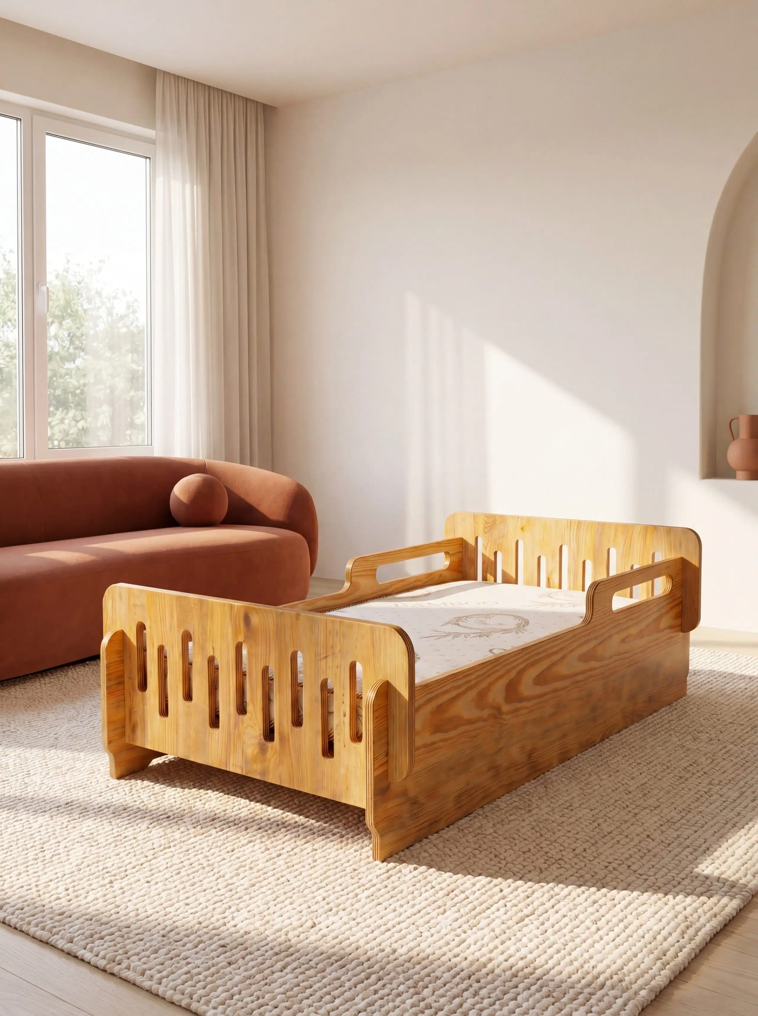 Cama de transición Montessori desmontable Monchy, en un ambiente de hogar calido y natural.