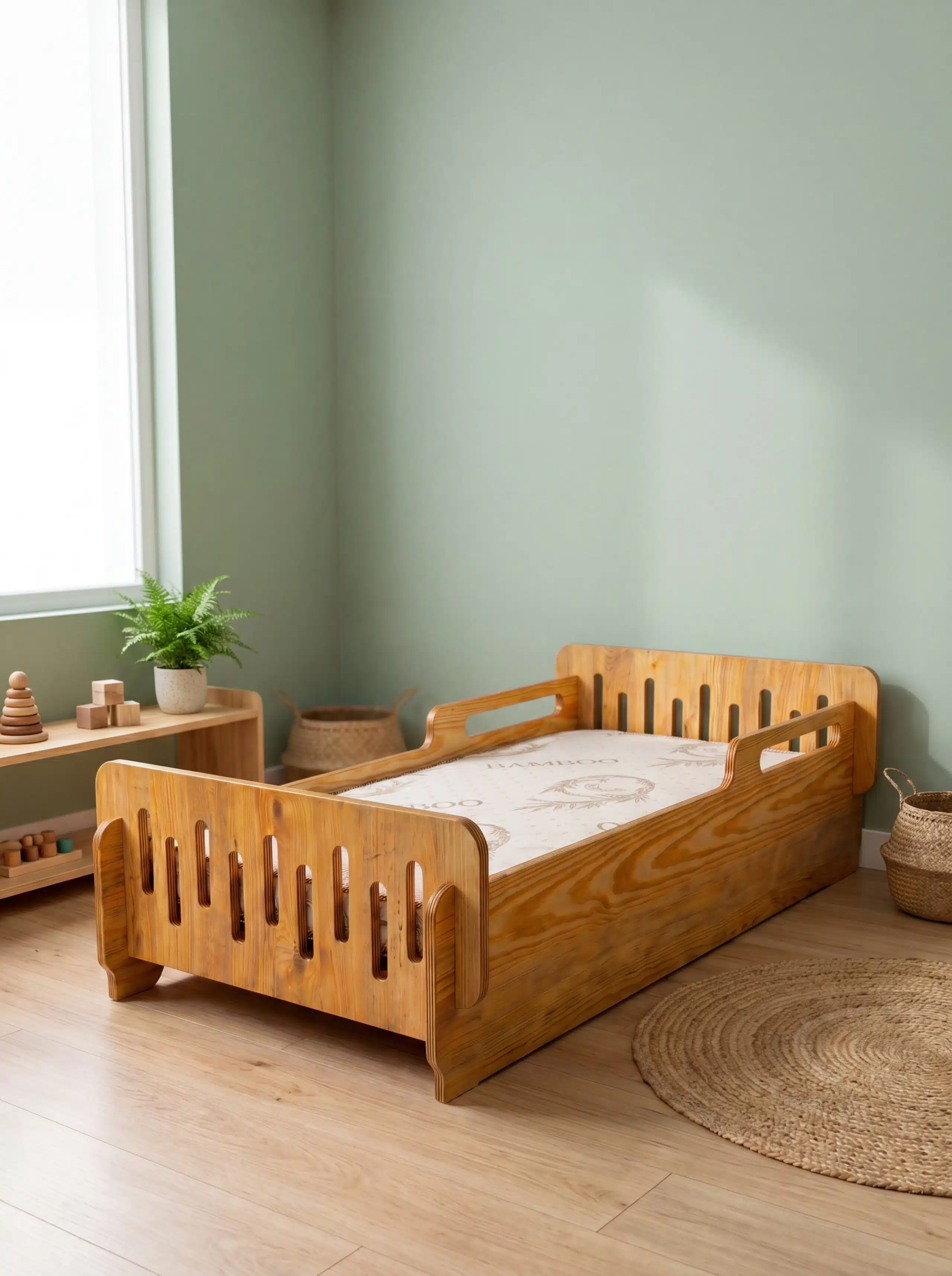 Cama de transición Montessori desmontable Monchy, en una sala Montessori infantil organizada para juego autonomo.