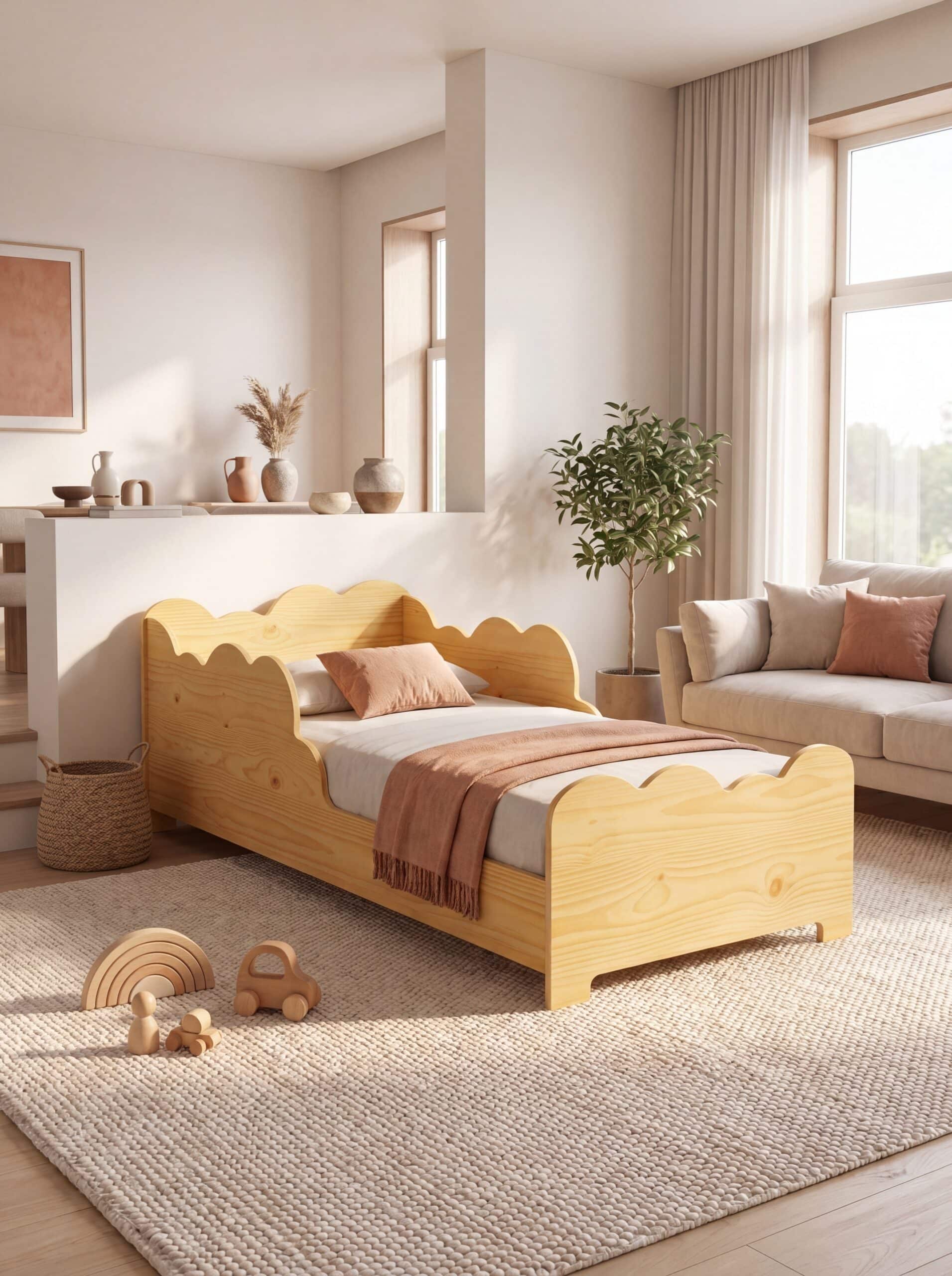 Cama Nube Montessori Monchy, en un ambiente de hogar calido y natural.