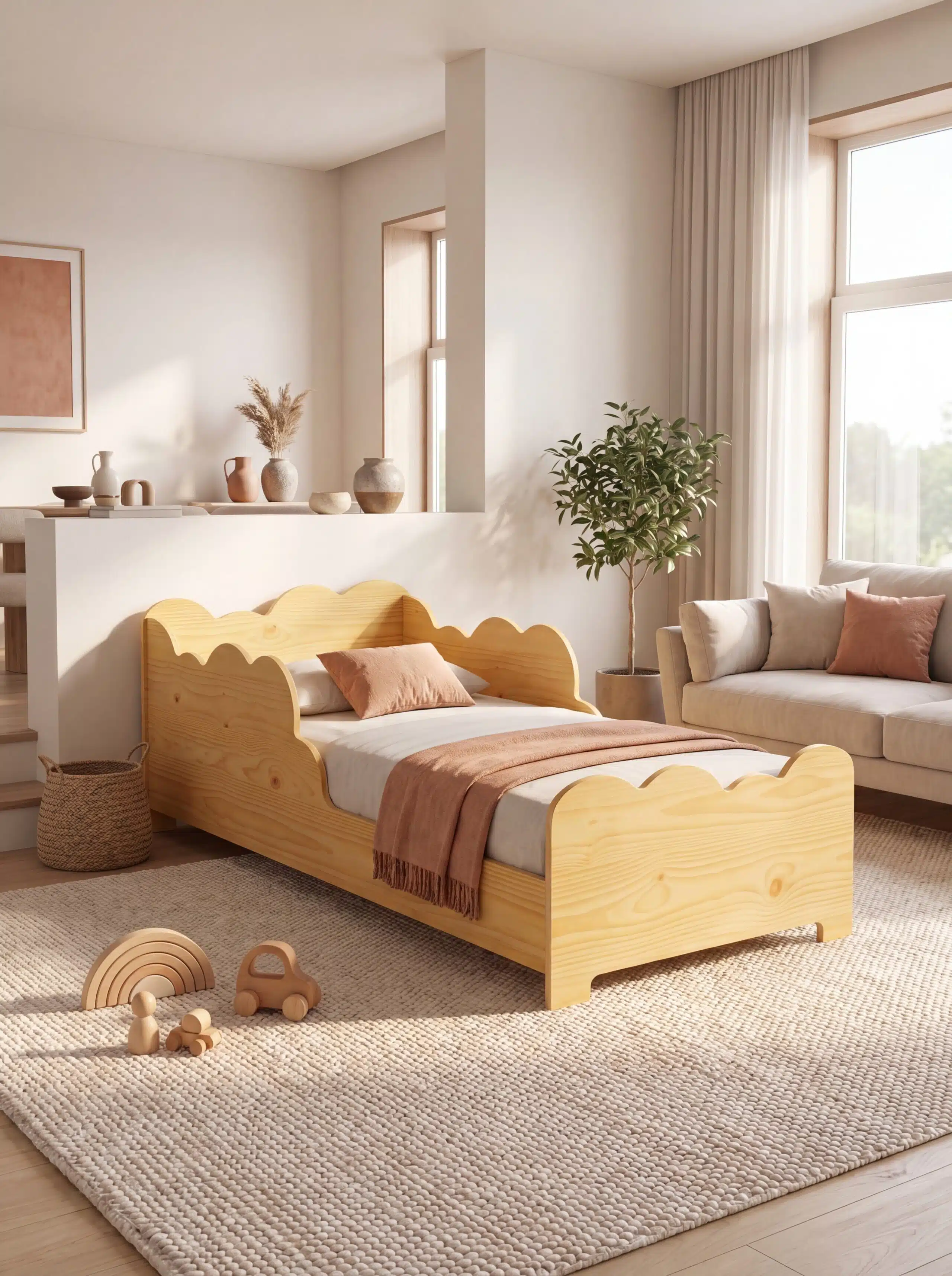 Cama Nube Montessori Monchy, en un ambiente de hogar calido y natural.