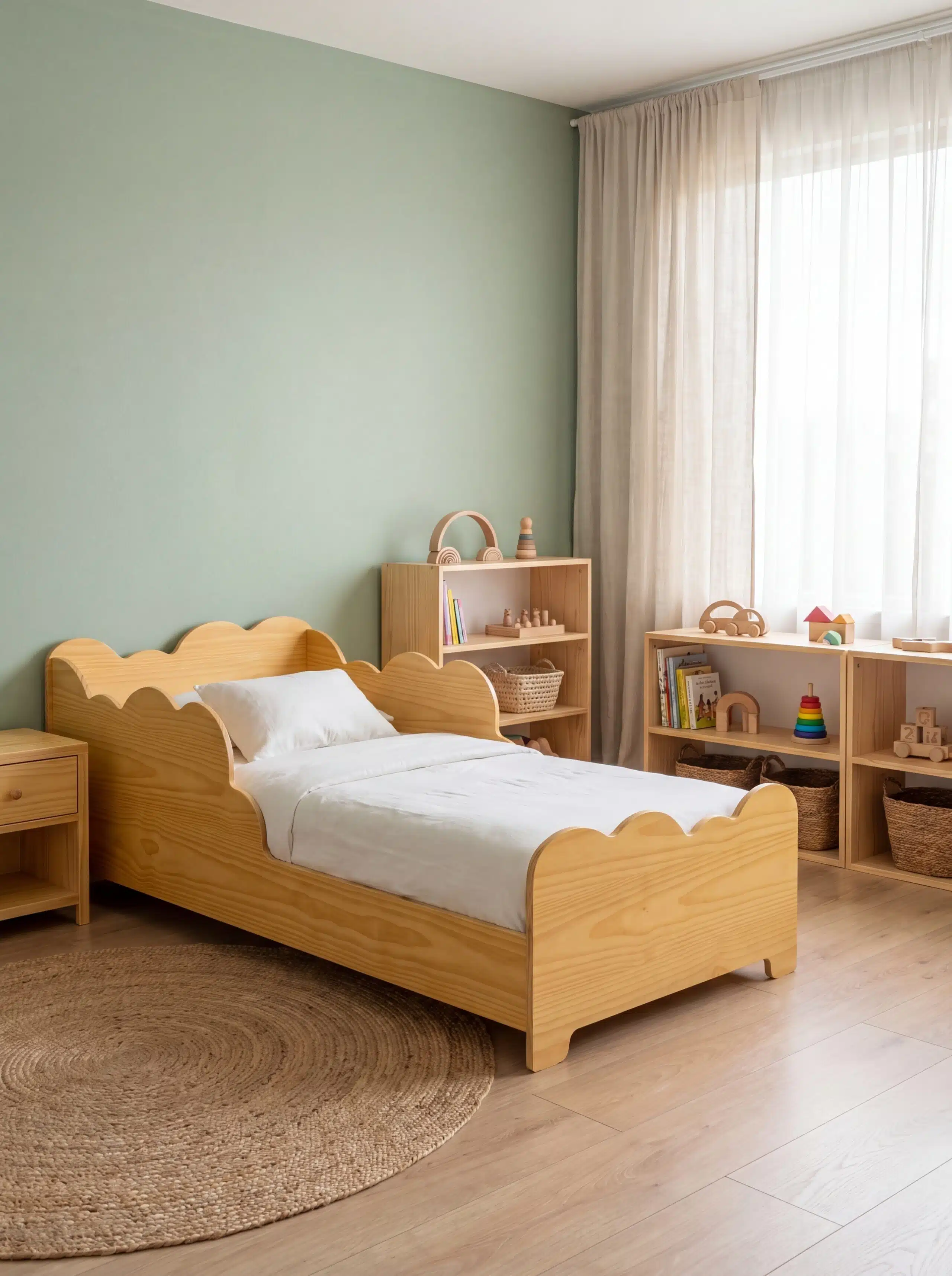 Cama Nube Montessori Monchy, en una sala Montessori infantil organizada para juego autonomo.