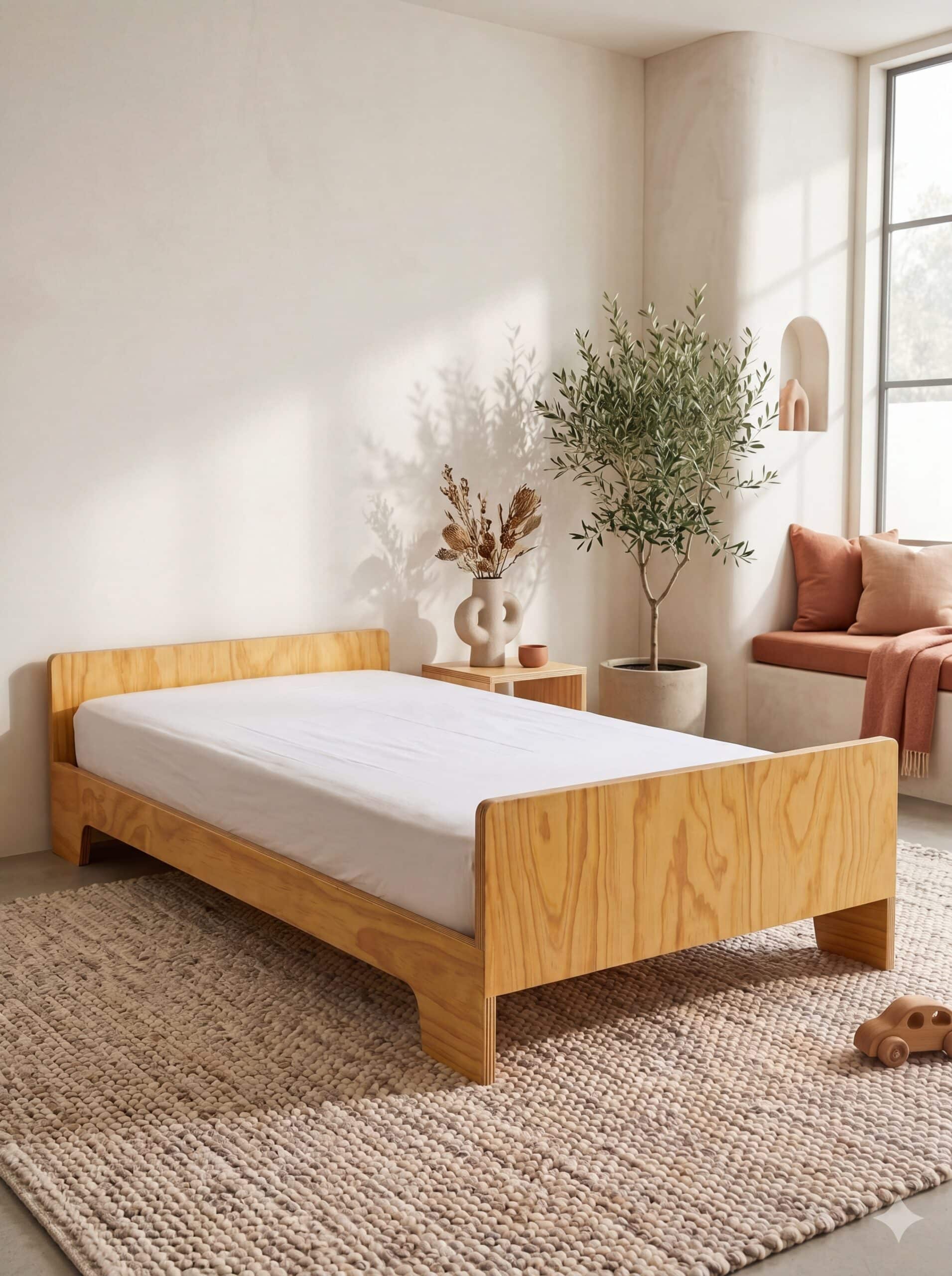 Cama Montessori Monchy, en un ambiente de hogar calido y natural.